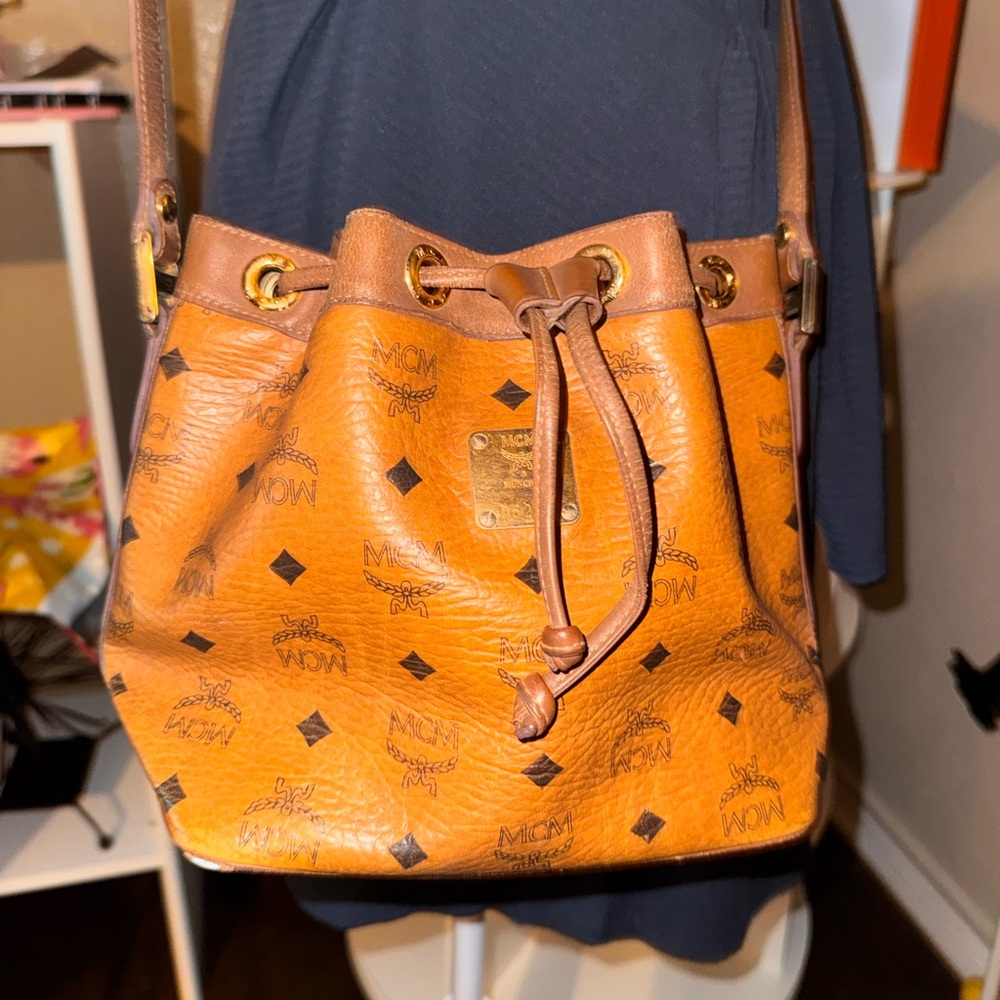MCM Cognac Monogram Drawstring Shoulder Bag
